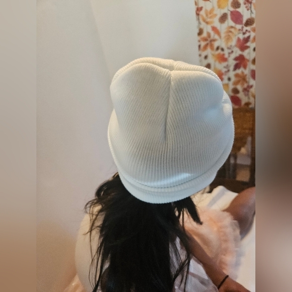 Hand Crafted Upcycled white beanie  hand Crochet pink gray flowers winter hat 8" - Picture 5 of 17